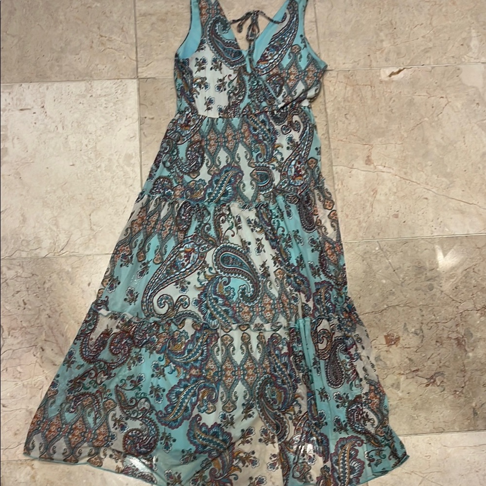Elegant Paisley mid ankle  Dress in turquoise fully lined Cool and comfortable